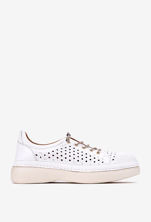 Pantofi din piele alba cu siret elastic si perforatii