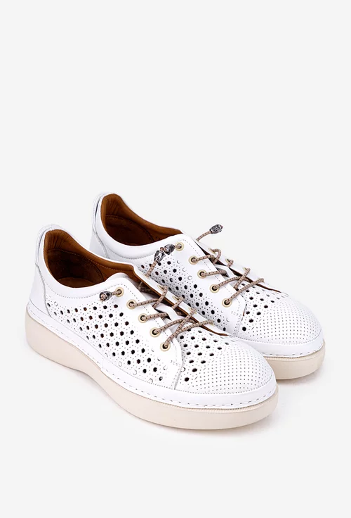 Pantofi din piele alba cu siret elastic si perforatii