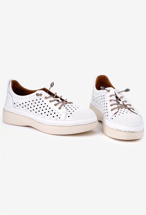 Pantofi din piele alba cu siret elastic si perforatii