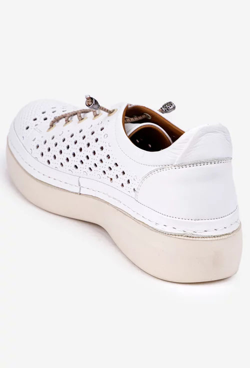 Pantofi din piele alba cu siret elastic si perforatii