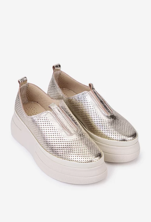 Pantofi dama din piele aurie cu model perforat