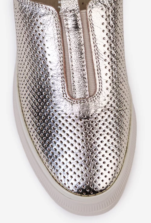 Pantofi dama din piele aurie cu model perforat