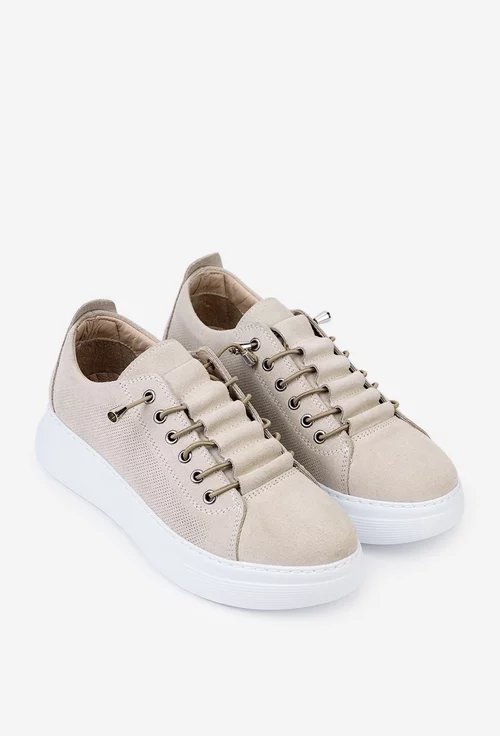 Pantofi din piele intoarsa bej cu siret elastic
