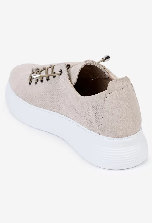 Pantofi din piele intoarsa bej cu siret elastic