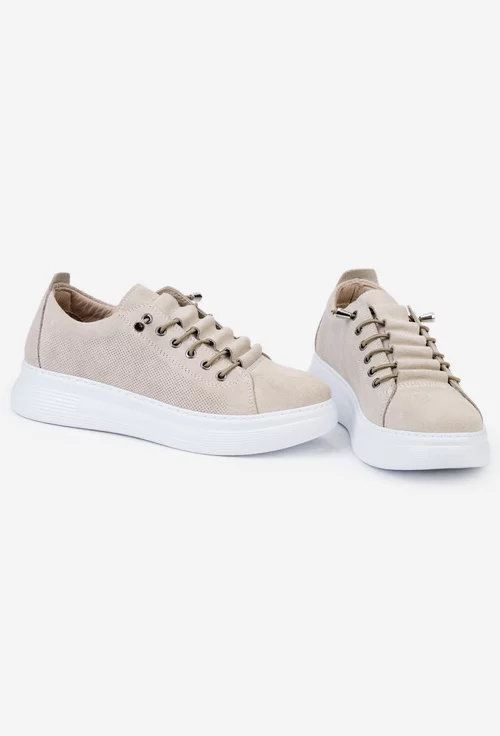 Pantofi din piele intoarsa bej cu siret elastic
