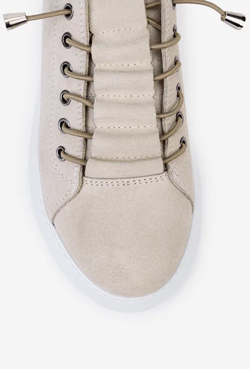 Pantofi din piele intoarsa bej cu siret elastic