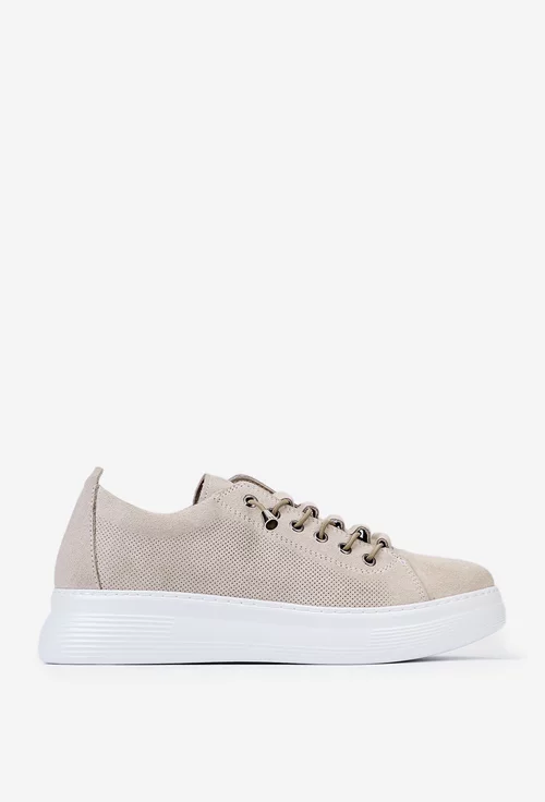 Pantofi din piele intoarsa bej cu siret elastic