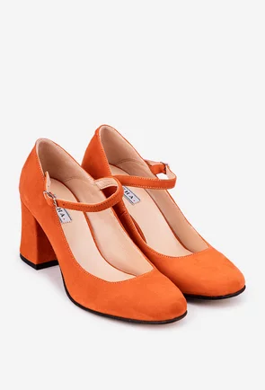 Pantofi din piele intoarsa portocalie cu bareta