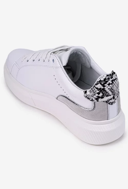 Pantofi din piele naturala alba cu detalii gri