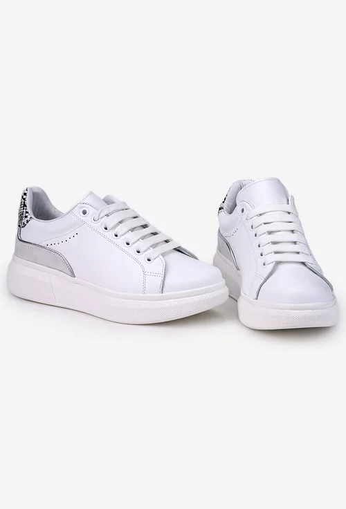 Pantofi din piele naturala alba cu detalii gri