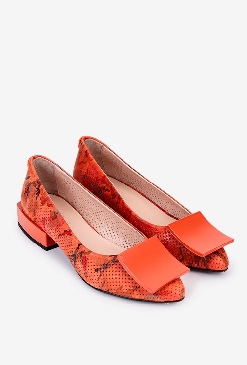 Pantofi din piele portocalie cu imprimeu si ornament