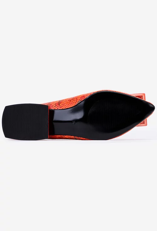 Pantofi din piele portocalie cu imprimeu si ornament