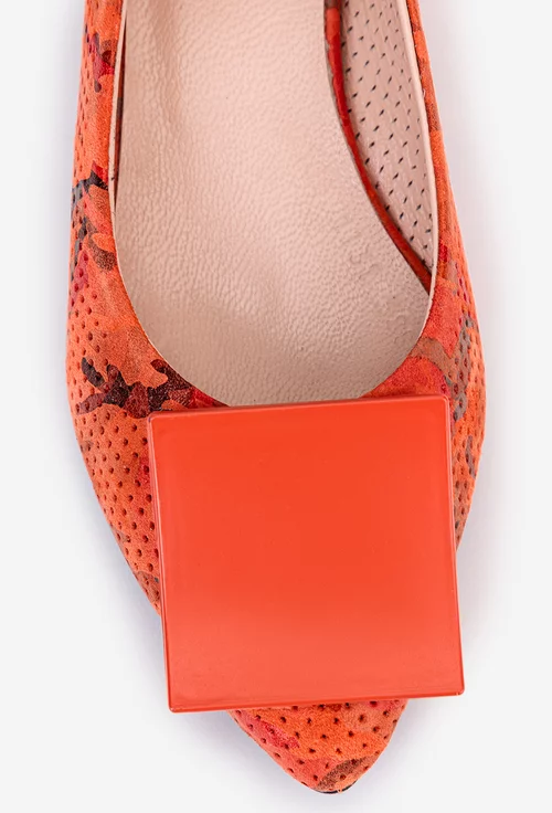 Pantofi din piele portocalie cu imprimeu si ornament