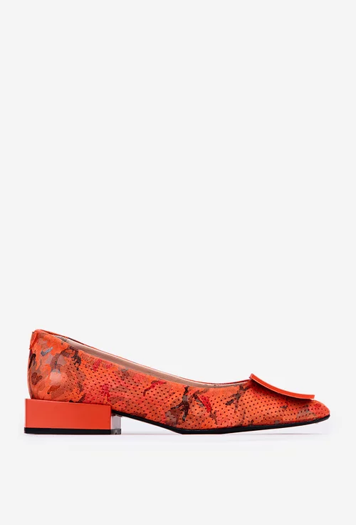 Pantofi din piele portocalie cu imprimeu si ornament