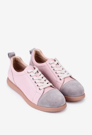 Pantofi din piele roz pudra cu detaliu gri
