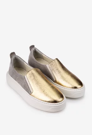 Pantofi gri cu auriu din piele cu elastic