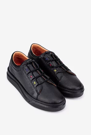 Pantofi negri din piele cu detalii colorate