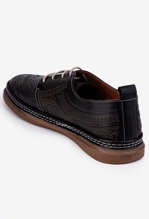 Pantofi negri din piele cu siret elastic si model