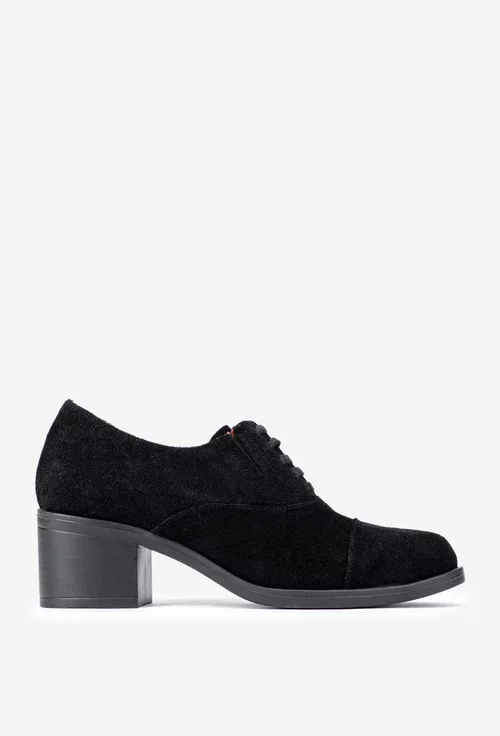 Pantofi negri din piele intoarsa cu siret si elastic