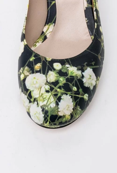 Pantofi negri din piele naturala cu imprimeu floral Adele