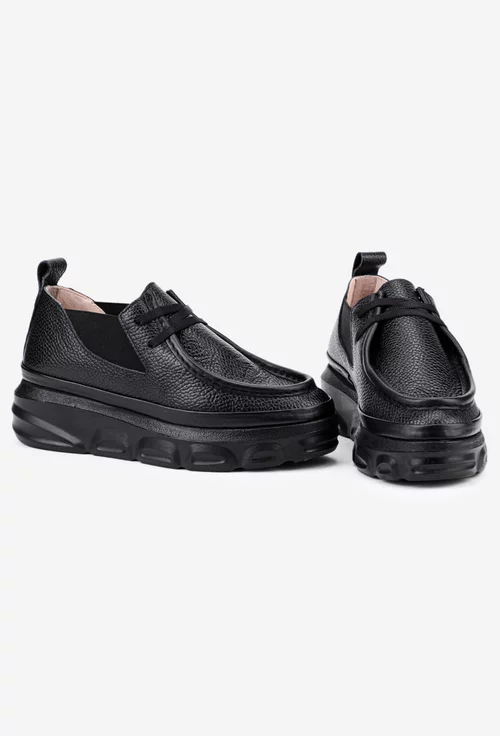 Pantofi negri din piele texturata cu siret si elastic