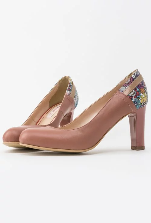 Pantofi nude din piele naturala cu imprimeu floral multicolor Jenifer