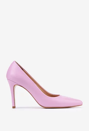 Pantofi NUR din piele naturala roz pudra cu toc subtire