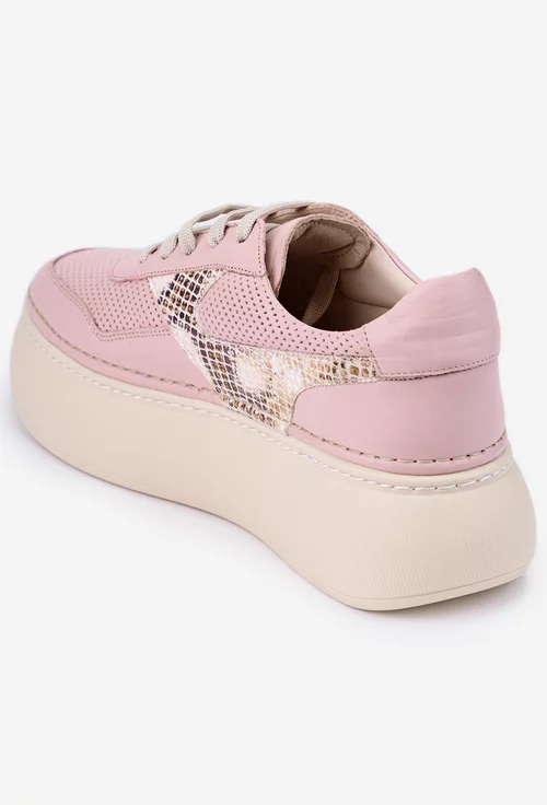 Pantofi NUR din piele roz pudra cu aspect perforat