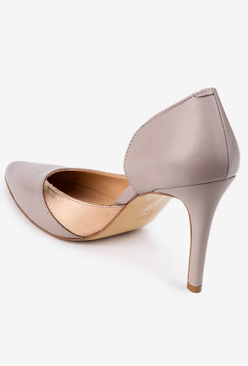 Pantofi NUR taupe cu auriu din piele naturala cu toc subtire