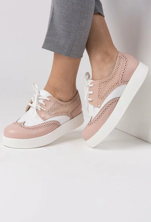 Pantofi Oxford alb cu rose din piele naturala Lianne
