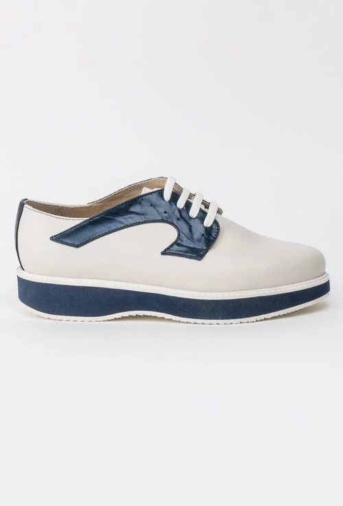 Pantofi alb-natur cu bleumarin din piele naturala Jenny