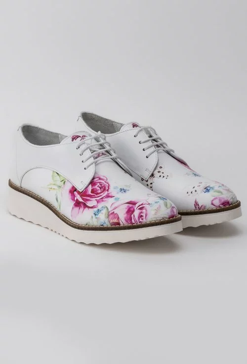 Pantofi Oxford albi cu imprimeu floral colorat din piele naturala Danielle