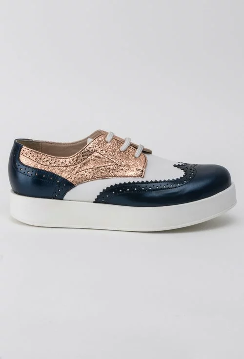 Pantofi Oxford bleumarin cu alb si rose gold din piele naturala Jollie