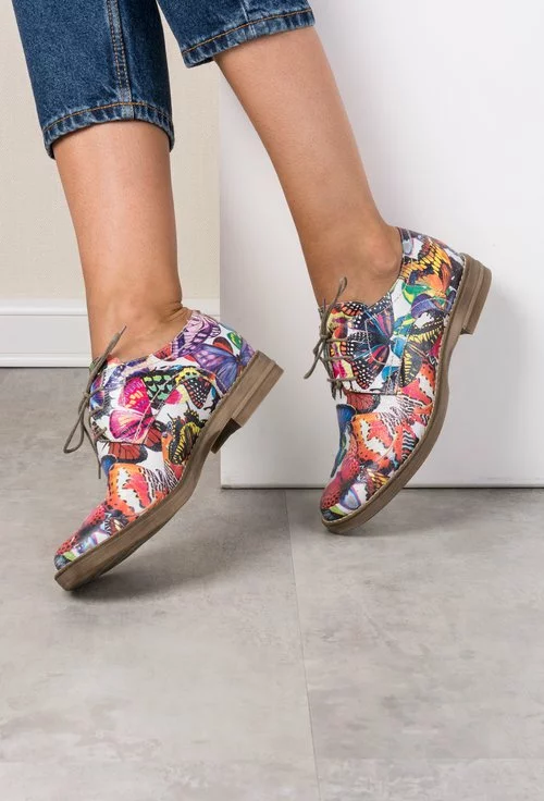 Pantofi Oxford din piele naturala cu imprimeu cu fluturi multicolori Butterfly