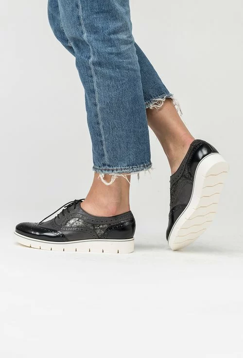 Pantofi Oxford gri cu negru din piele naturala Amanda
