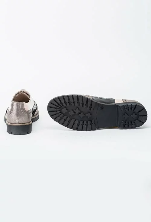 Pantofi Oxford gri metalizat cu negru si nude din piele naturala Joleen