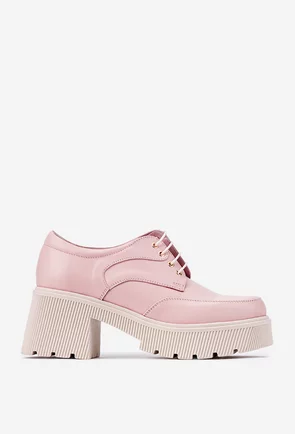 Pantofi roz din piele naturala cu toc gros