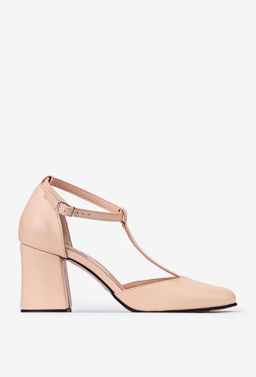 Pantofi roz pudra din piele cu bareta in T