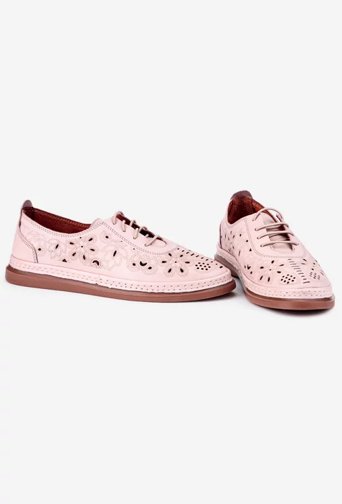 Pantofi roz pudra din piele cu model perforat