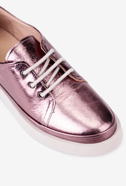 Pantofi roz sidefati din piele cu siret