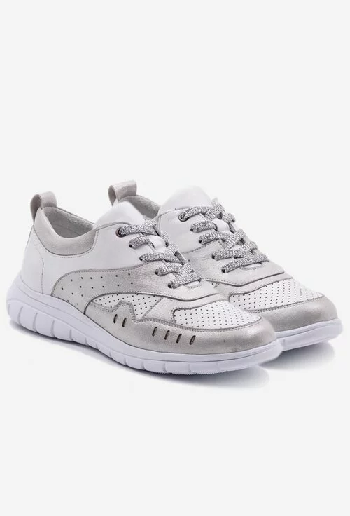 Pantofi sport albi din piele naturala cu detalii argintii