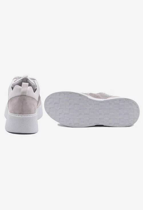 Pantofi sport albi din piele naturala cu detalii gri si argintii