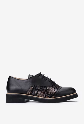 Pantofi stil Oxford negri din piele cu detalii aurii