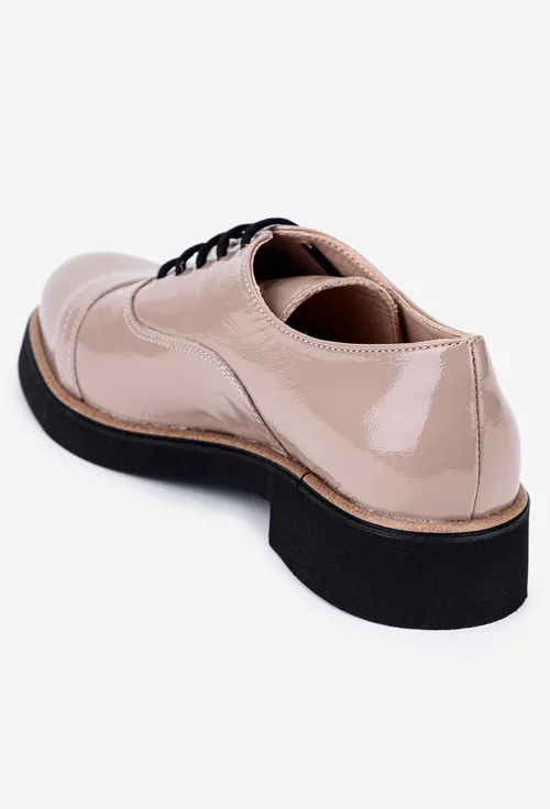 Pantofi stil Oxford taupe din piele lacuita