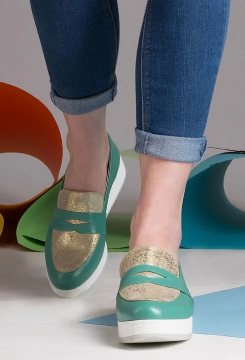 Pantofi verzi cu auriu din piele naturala Jubilee