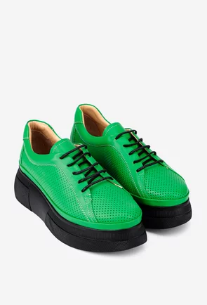 Pantofi verzi din piele naturala perforata