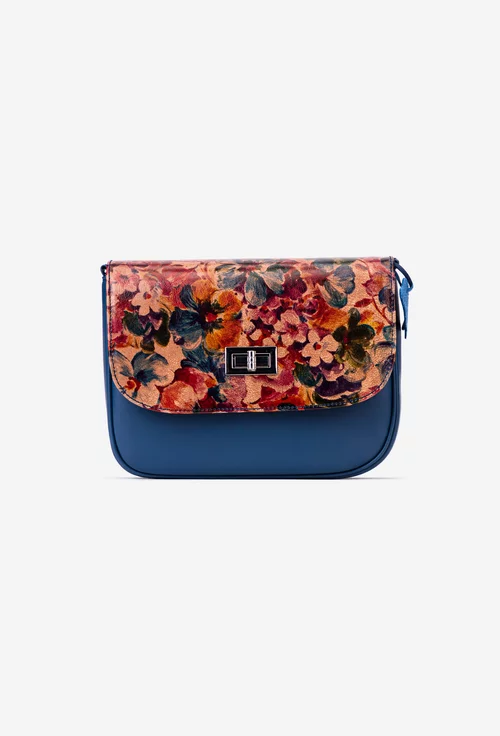 Poseta bleumarin din piele naturala cu imprimeu floral