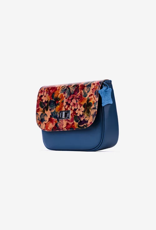 Poseta bleumarin din piele naturala cu imprimeu floral