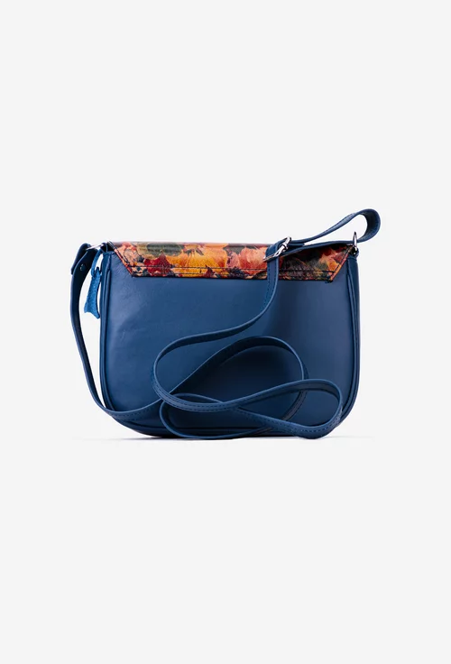 Poseta bleumarin din piele naturala cu imprimeu floral