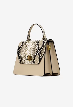 Poseta dama bej din piele naturala cu imprimeu snake print